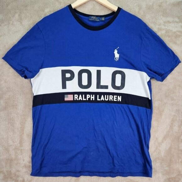 Polo Ralph Lauren Big Pony Spellout Logo T-Shirt Blue White Colorblock Mens Sz L - Picture 1 of 10